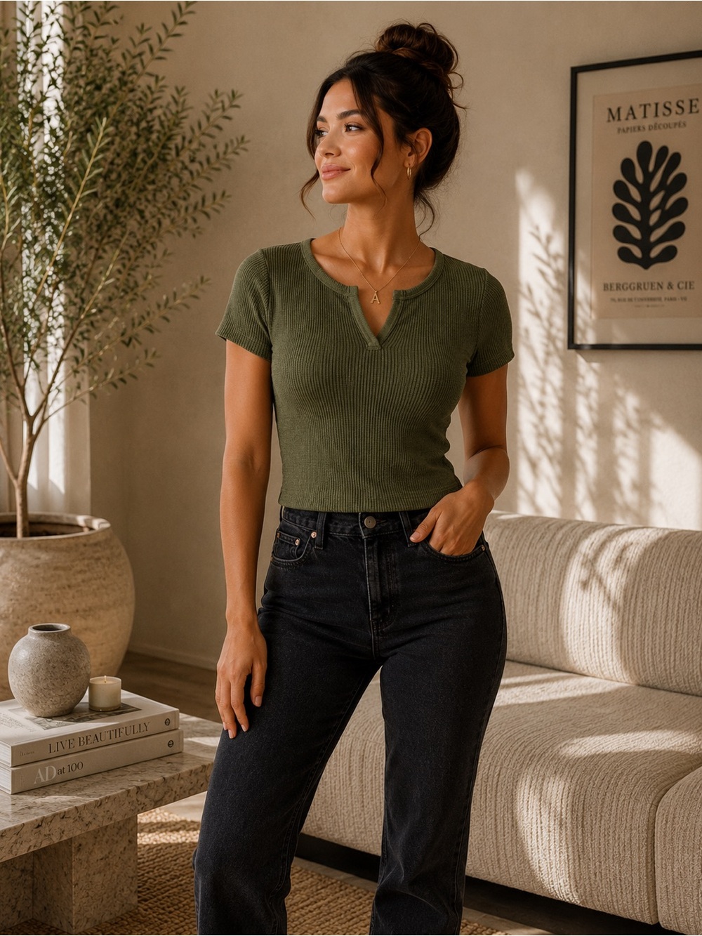 TNA Olive Green Ribbed Short Sleeve Top